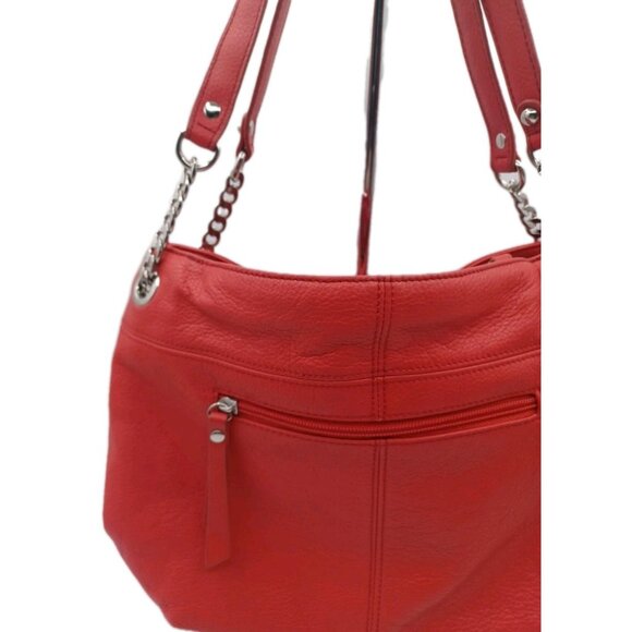 Tignanello Pebble Leather Chain Tote Handbag Purse Tomato Red Shoulder Bag Large - Picture 7 of 15